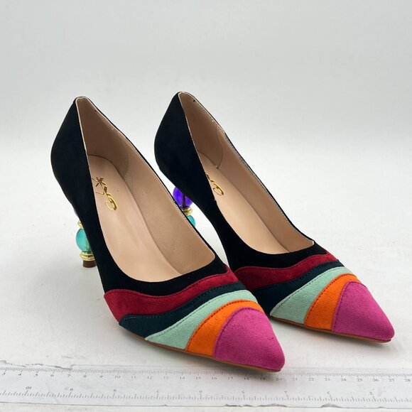 XYD Black Wave Pointed Toe Slip On Party Pumps Jewelry High Heel Rainbow Shoes - Picture 4 of 8